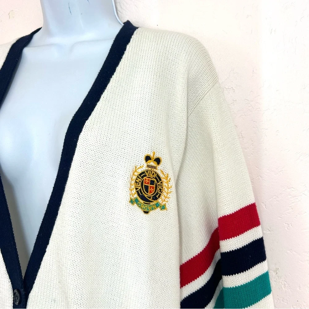 Vintage 80-90s Preppy Collegiate Ivory Crested Striped Cardigan L Princess Diana